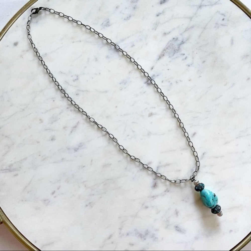 Handmade Turquoise Beaded Silver Chain Necklace